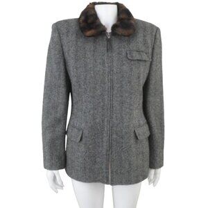 Vintage Ralph Lauren LRL Black Tweed Silk Wool Faux Fur Collar Zip Jacket sz 8